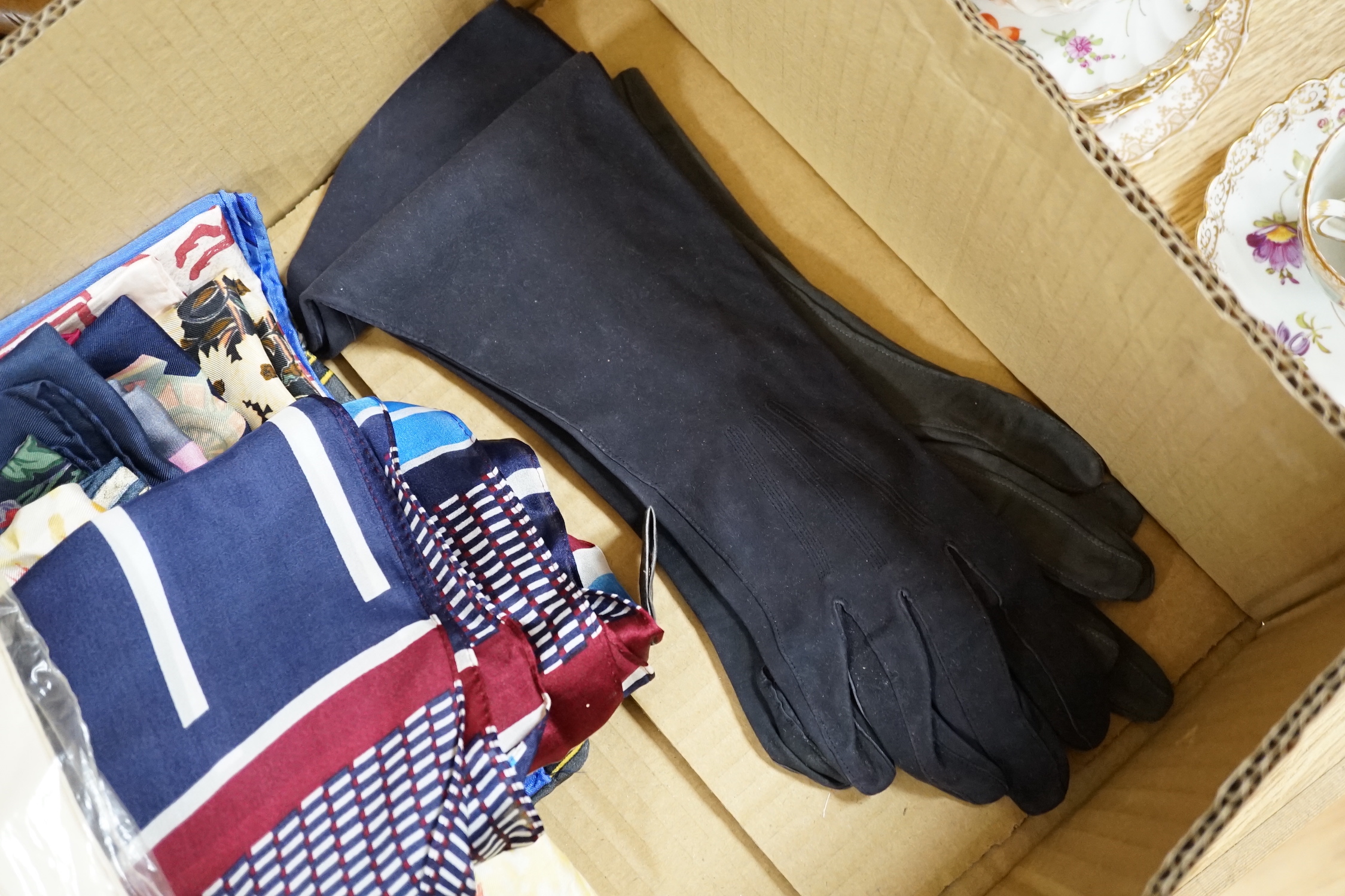 A group of silk and other scarves, kid gloves and three velvet ladies hats